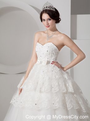 Brush Train Lace Layers Wedding Dress with Beading and Bowknot Belt