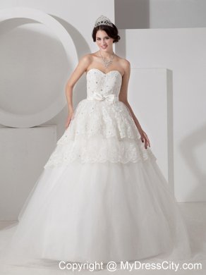 Brush Train Lace Layers Wedding Dress with Beading and Bowknot Belt