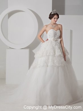 Brush Train Lace Layers Wedding Dress with Beading and Bowknot Belt