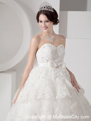 Brush Train Lace Layers Wedding Dress with Beading and Bowknot Belt