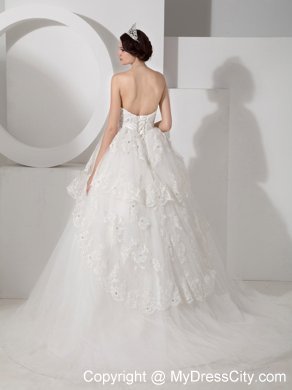 Brush Train Lace Layers Wedding Dress with Beading and Bowknot Belt