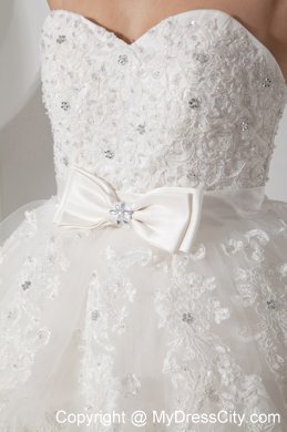 Brush Train Lace Layers Wedding Dress with Beading and Bowknot Belt