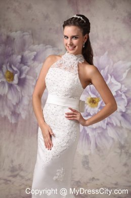 Mermaid Sheer and High Neck Lace Court Train Beading Bridal Dress with Belt