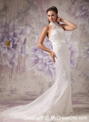 Mermaid Sheer and High Neck Lace Court Train Beading Bridal Dress with Belt