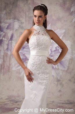 Mermaid Sheer and High Neck Lace Court Train Beading Bridal Dress with Belt