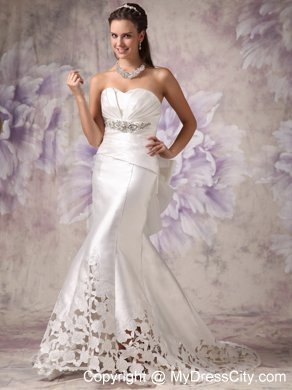 White Mermaid Court Train Hollow Flowers Bridal Dress with Beaded Waist