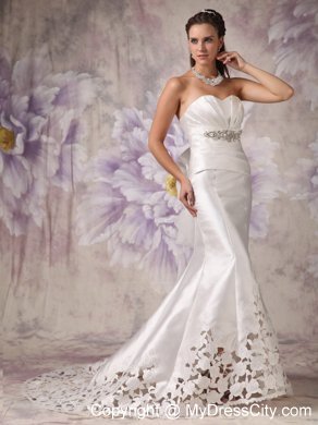 White Mermaid Court Train Hollow Flowers Bridal Dress with Beaded Waist