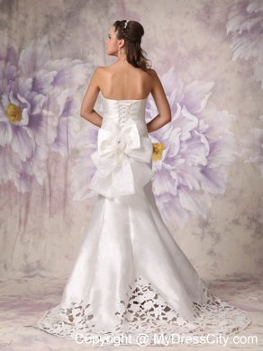 White Mermaid Court Train Hollow Flowers Bridal Dress with Beaded Waist