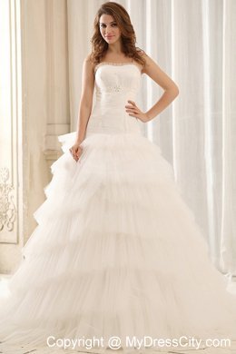 Strapless Ball Gown Appliques Tulle Wedding Dress with Ruffled Layers