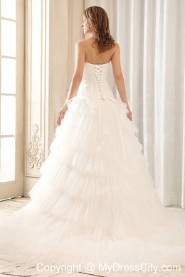 Strapless Ball Gown Appliques Tulle Wedding Dress with Ruffled Layers