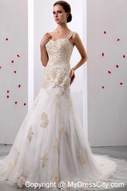 Straps Court Train Appliques and Lace Decorate Wedding Dress 2013