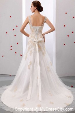 Straps Court Train Appliques and Lace Decorate Wedding Dress 2013