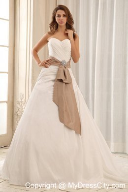 Brush Train Ruches Bridal Dress with Champagne Sash For Wedding Party