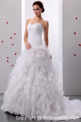 A-line Brush Train Ruching Bodice Wedding Dress With Ruffled Layers