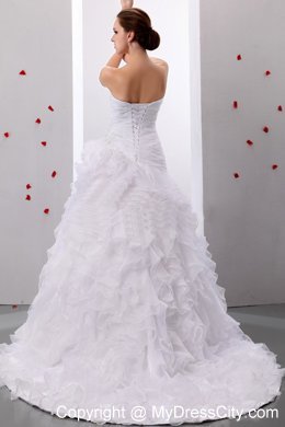 A-line Brush Train Ruching Bodice Wedding Dress With Ruffled Layers