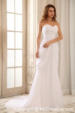Column Appliques and Ruche Beaded Beach Bridal Gown With Draped Both Side