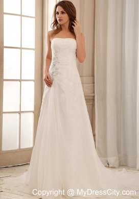 Column Strapless Ruches and Appliques Court Train Bridal Gown