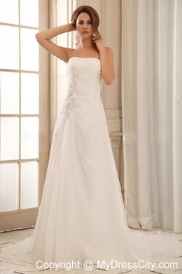 Column Strapless Ruches and Appliques Court Train Bridal Gown