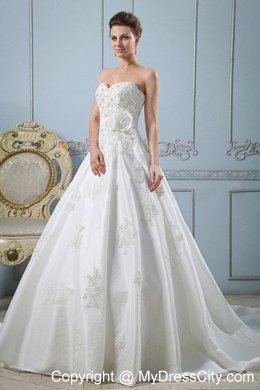 A-line appliques flower sash court train bridal gown