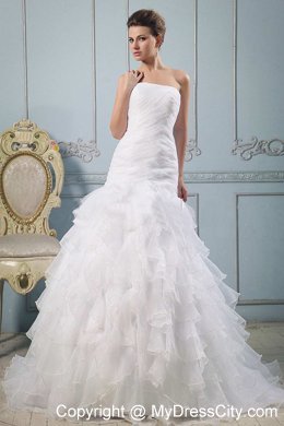 A-line Ruched Bodice Court Train Layered Ruffles Bridal Gown