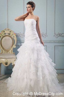 A-line Ruched Bodice Court Train Layered Ruffles Bridal Gown