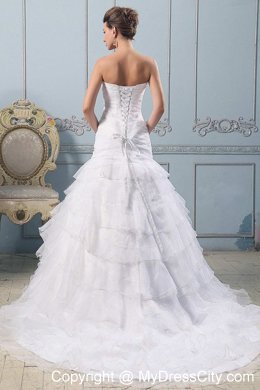 A-line Ruched Bodice Court Train Layered Ruffles Bridal Gown