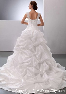 Appliqued Straps Sweetheart Ruched Bridal Dress with Pick-ups