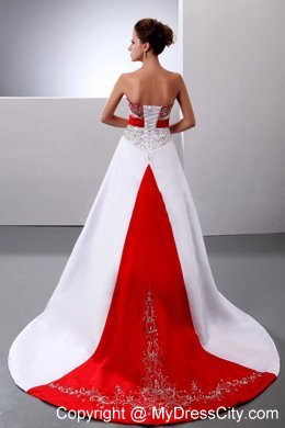 A-line Embroidery Wine Red and White Wedding Gown