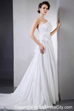 A-line Ruching Chapel Train Hand-made Flower Wedding Gown