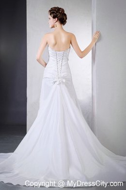 A-line Ruching Chapel Train Hand-made Flower Wedding Gown