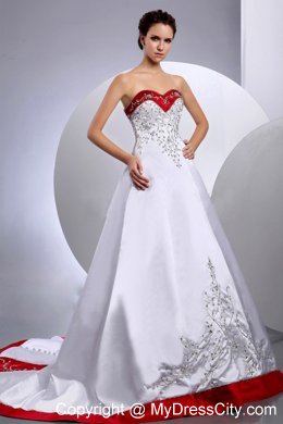 Sweetheart Embroidery Chapel Train Red and White Wedding Gown