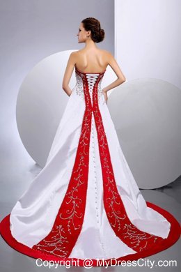 Sweetheart Embroidery Chapel Train Red and White Wedding Gown