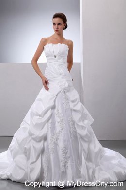 A-line Ruched Wedding Gown with Appliques and Pick-Ups