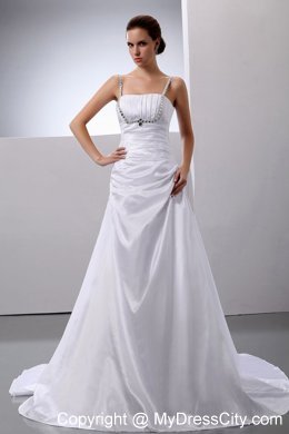 Court Train Ruched Wedding Gown with Beaded Spaghetti Straps