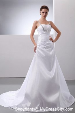 Court Train Ruched Wedding Gown with Beaded Spaghetti Straps