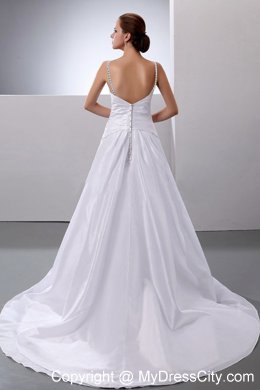 Court Train Ruched Wedding Gown with Beaded Spaghetti Straps