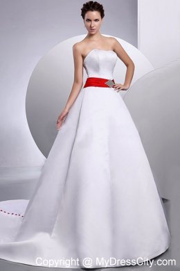 Beaded Court Train Clasp Handle Wedding Gown with Red Belt