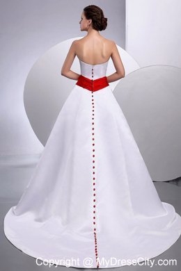 Beaded Court Train Clasp Handle Wedding Gown with Red Belt