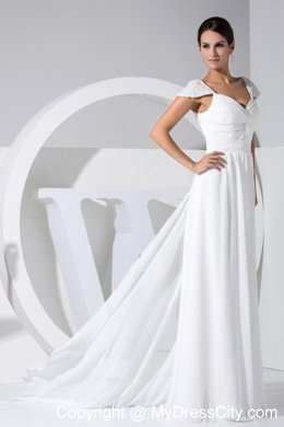 Empire Watteau Train Wedding Gown with Beaded Cap Sleeves