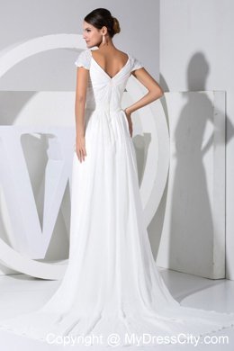 Empire Watteau Train Wedding Gown with Beaded Cap Sleeves