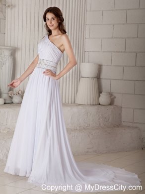 Single Shoulder Ruched Chiffon Beading Waist Wedding Gown