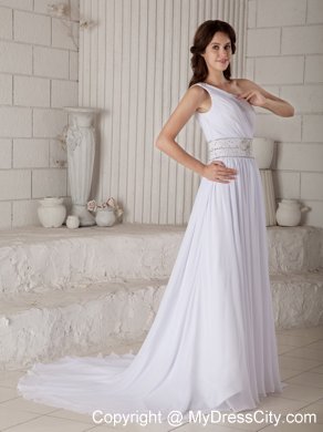 Single Shoulder Ruched Chiffon Beading Waist Wedding Gown