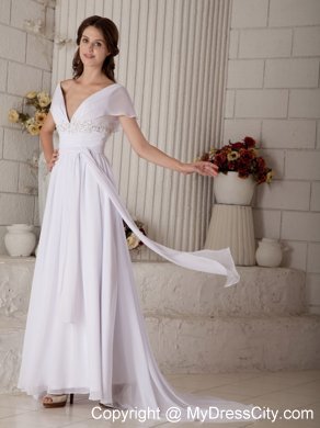 Empire Off-the-shoulder Sash Wedding Dress with Short Sleeves