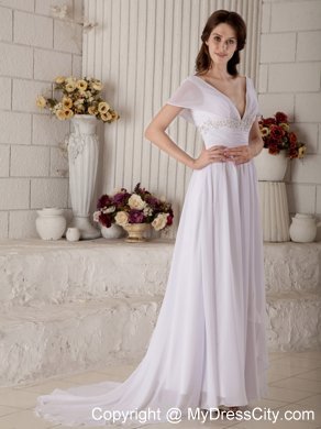 Empire Off-the-shoulder Sash Wedding Dress with Short Sleeves