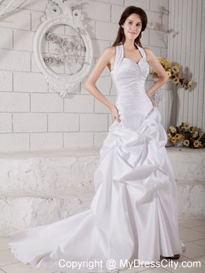 Halter A-line Ruched Sweetheart Court Train Wedding Dress