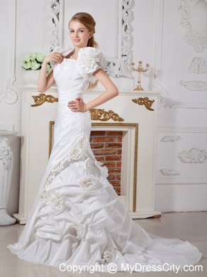 Column Ruched Court Train Wedding Dress with Flowery Jacket