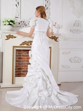 Column Ruched Court Train Wedding Dress with Flowery Jacket