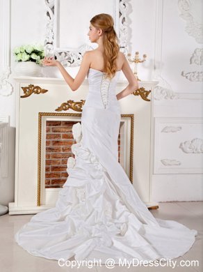 Column Ruched Court Train Wedding Dress with Flowery Jacket