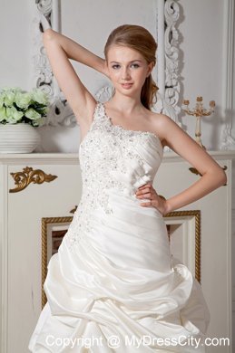 Appliques Single Shoulder Court Train Wedding Dress With Pick-ups