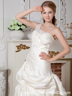 Appliques Single Shoulder Court Train Wedding Dress With Pick-ups